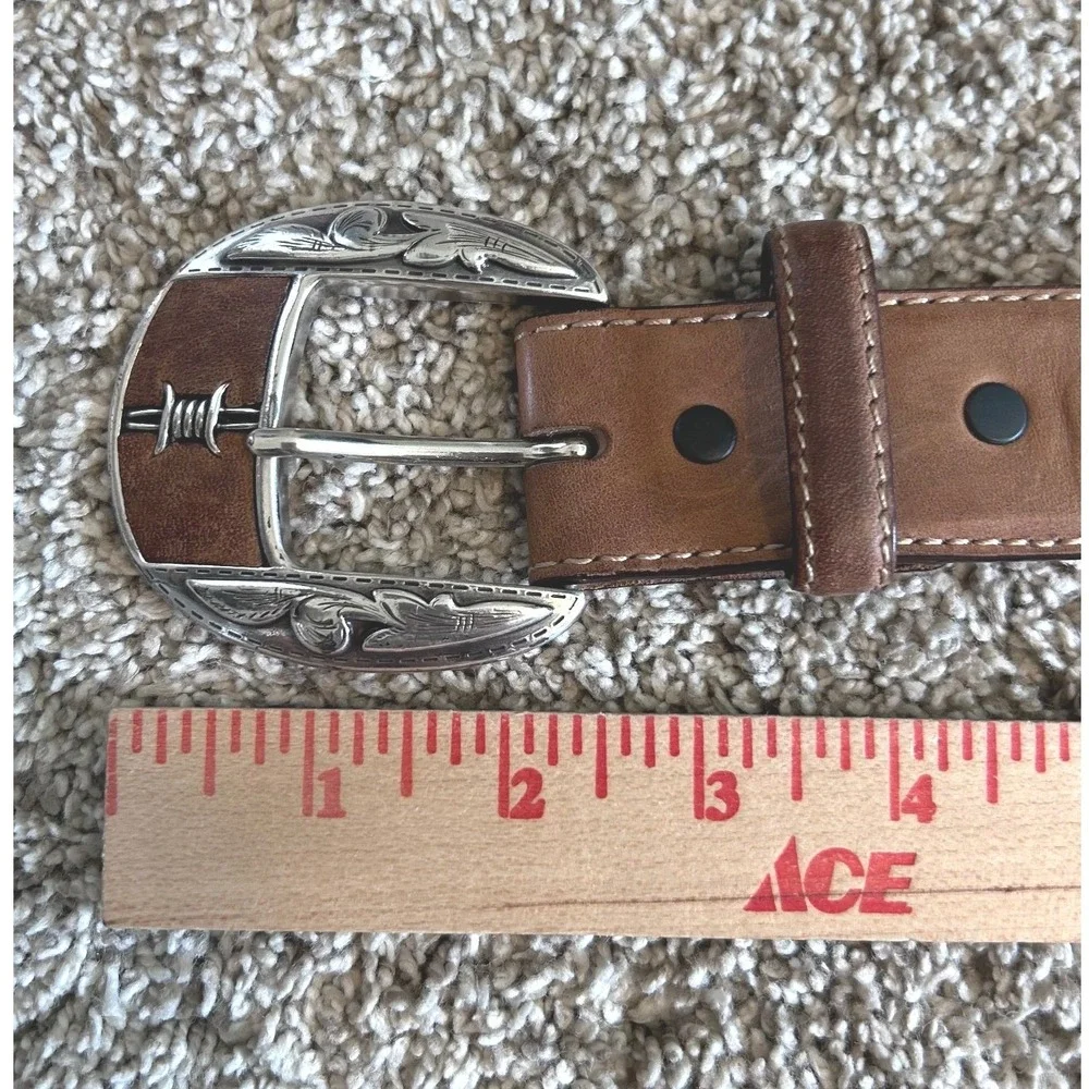 Justin Cowboy Tan Leather Barbed Wire Western Belt Silver Engraved Buckle 52